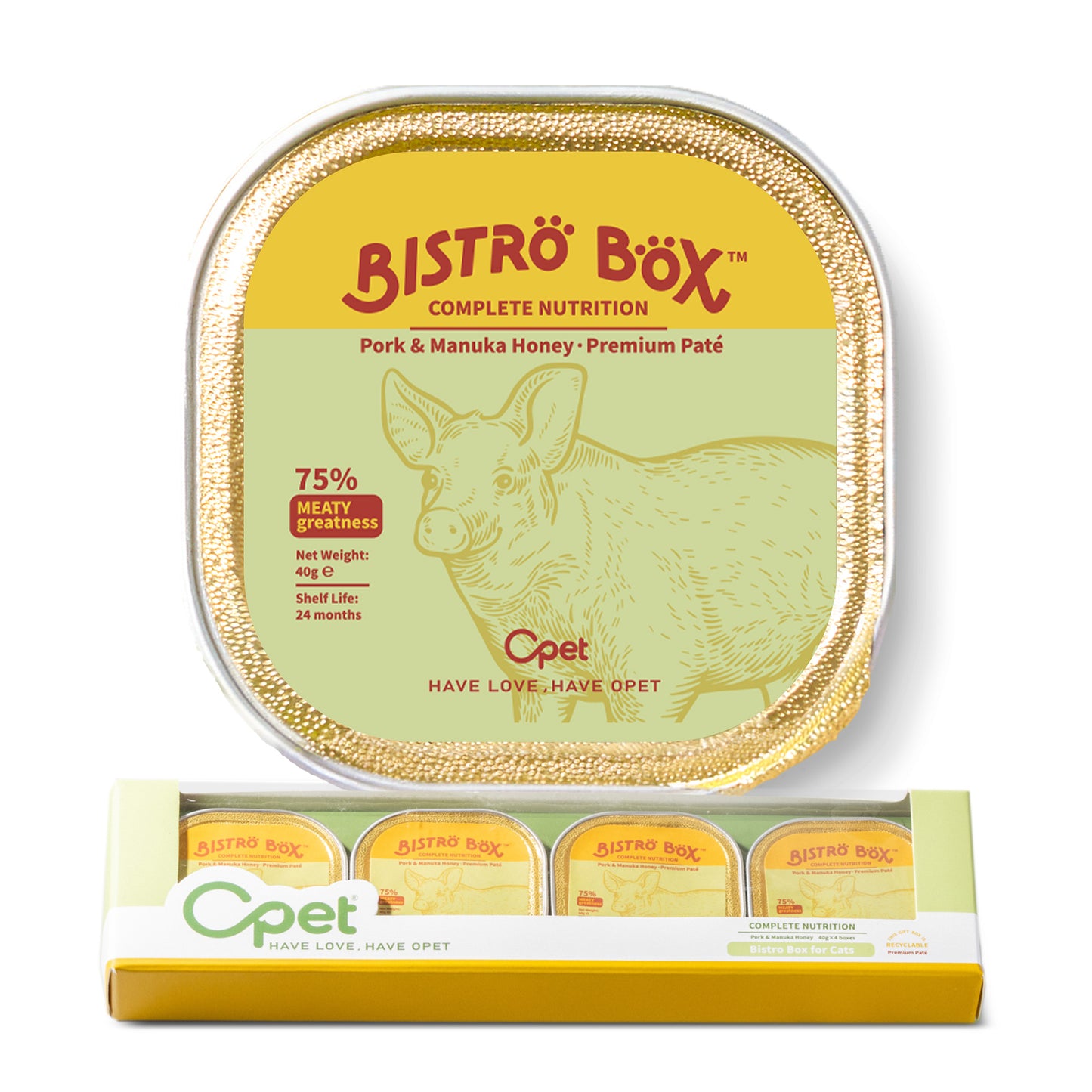 OPET Bistro Box Comida Húmeda para Gatos 40g (Cerdo, Paquete de 4)